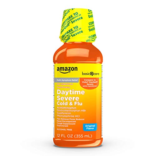 Amazon Basic Care Severe Daytime Cold and Flu, Maximum Strength Liquid Cold Medicine, Non-Drowsy, Multi-Symptom Relief, for Adults and Children Age 6 and Over, Original, 12 fl oz (Pack of 1)