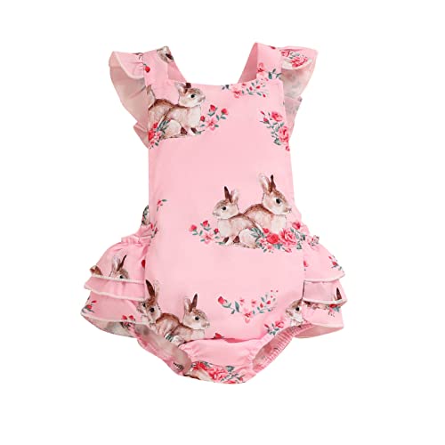 Easter Suspenders Baby Bunny Print Romper Jumpsuit Open Back Square Neck Bodysuit Sleeveless Ruffle Onesie(Red, 9-12 Months)