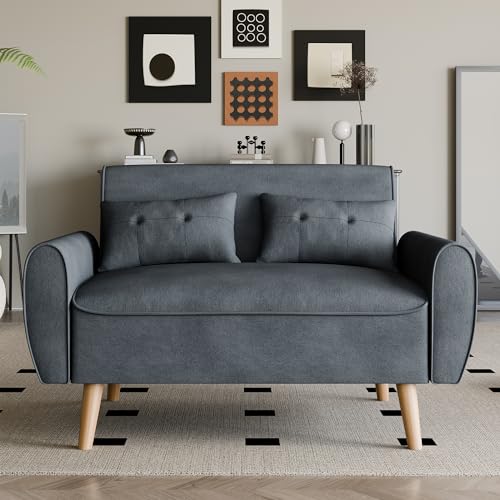 Vongrasig 47' Small Modern Loveseat Sofa, Mid Century Linen Fabric 2-Seat Couch Tufted Love Seat with Back Cushions and Tapered Wood Legs for Living Room, Bedroom and Small Space (Dark Gray)