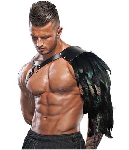 L'VOW Gothic Feather Harness Costume for Men Adjustable PU Leather Shoulder Armor with Feather Medieval Guards Halloween Cosplay