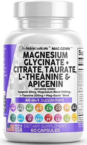 Clean Nutraceuticals Magnesium Glycinate Complex 1000mg with L-Theanine 200mg Apigenin 50mg Citrate Taurate Supplement - 5-HTP GABA Passion Flower Lemon Balm L-Glycine Phosphatidylserine Ashwagandha