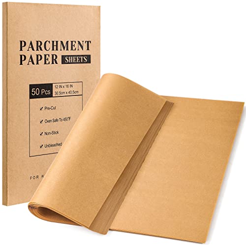 VITEVER Parchment Paper Sheets, Unbleached Parchment Baking Sheets, Precut Parchment Paper 12 x 16 IN, Non-Stick Parchment Paper for Baking Grilling Air Fryer Steaming Bread Cake Cookie - 50 Count