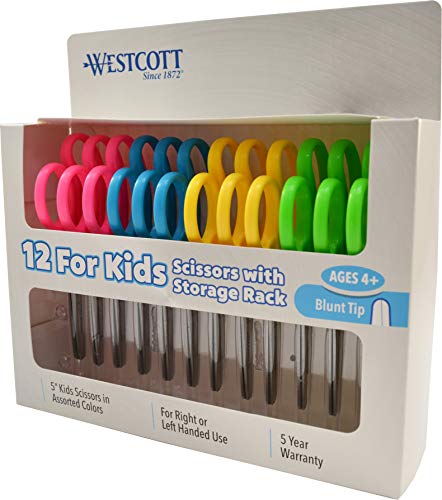 Westcott 13140 Right- and Left-Handed Scissors, Kids' Scissors, Ages 4-8, 5-Inch Blunt Tip, Assorted, 12 Pack