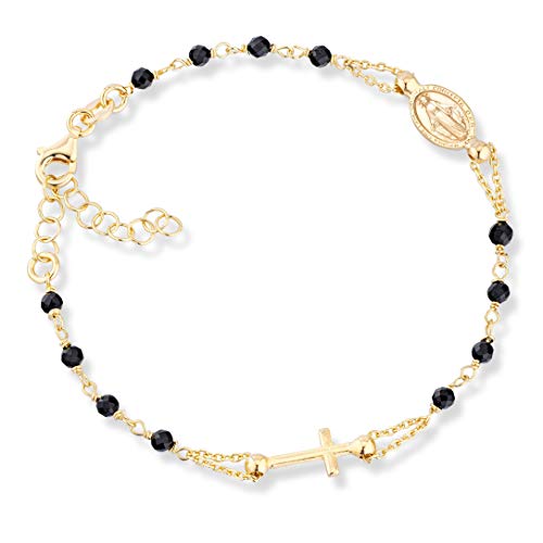 Miabella 18K Gold Over 925 Sterling Silver Italian Natural Black Spinel Rosary Cross Charm Bead Bracelet for Women Teen Girls, Adjustable Link Chain 6 to 8 Inch Handmade in Italy (7' to 8')