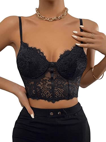 SOLY HUX Women's Lace Bustier Crop Cami Top Sexy Adjustable Camisole Tank Top Black Lace S