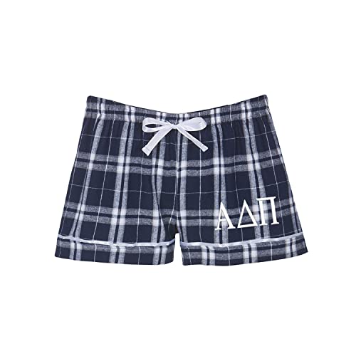 Alpha Delta Pi Sorority Flannel Boxers - Alpha Delta Pi Boxer Shorts - ADPi Greek Letter Sleepwear Pajama Bottoms (Navy & White, Medium)