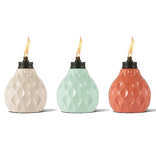 TIKI Brand 3-Pack Seaside Table Torch, Outdoor torches for patio and backyard, 6 Inch, White, Green, Coral, 1117064