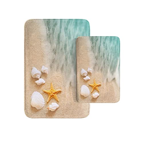 Britimes Beach Starfish Sea Shell Ocean Bathroom Rug Mat Set of 2, Washable Cover Floor Rug Carpets Floor Bath Mat Bathroom Decorations 16x24 and 20x32 Inches