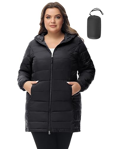 ROYAL MATRIX Women's Packable Puffer Jacket with Hood, Plus Size and Regular Lightweight Long Puffer Coat (Plus Size - Black, 2X)
