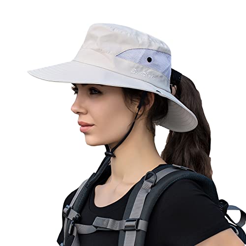 NPJY Ponytail Sun Hat Womens Men 3” Wide Brim UPF 50+ Fishing Beach Bucket Hats Beige