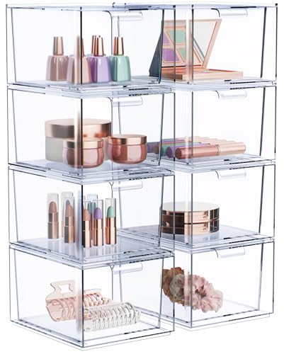 Sorbus 8 Pack Makeup Organizer - Clear Stackable Acrylic Drawer Organizer for Vanity, Bathroom, Undersink, Cabinets, Jewelry, Stationary, Plastic Storage Bins for Office Organization and Storage
