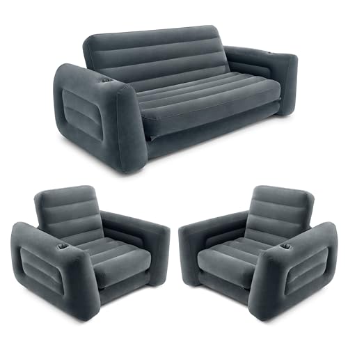 Intex Inflatable Furniture Set with Pull Out Sofa Chair Twin Sized Air Bed Mattress and 2 Pull Out Sofa Bed Sleep Away Futon Couch, Dark Gray