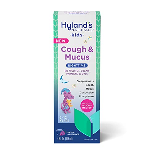 Hyland's Naturals Kids Cough & Mucus Nighttime, Kids Cough Medicine for ages 2-12, Grape Flavor, Natural Relief of Sleeplessness, Cough, Runny Nose, Mucus & Congestion, 4 Ounces