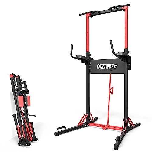ONETWOFIT Power Tower Pull Up Bar Station, Multi-Function Adjustable Height Foldable Dip Station for Home Gym Workout, Heavy Duty Strength Training Fitness Equipment, Pull Up Stand 400LBS/600LBS