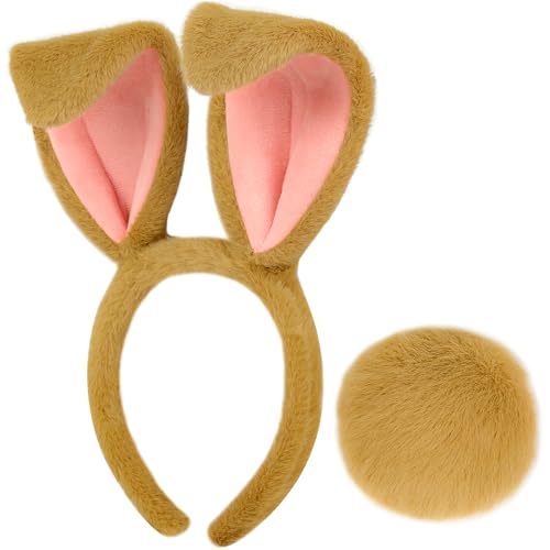 Easter Bunny Ears Headband and Tail, Plush Brown Easter Bunny Costume Accessories for Adults and Kids, Easter Headbands for Women Rabbit Ears Headband Bunny Cosplay Dress up Party Supplies