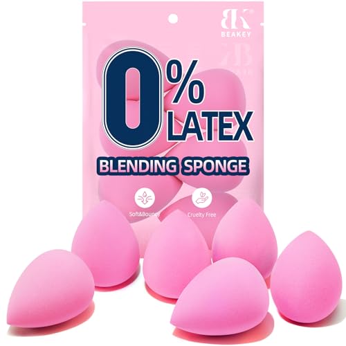 BEAKEY Latex Free Makeup Sponge Set of 6, Soft and High-definition Blender Beauty Sponge for Liquid, Cream and Powder, Pink Makeup Gifts