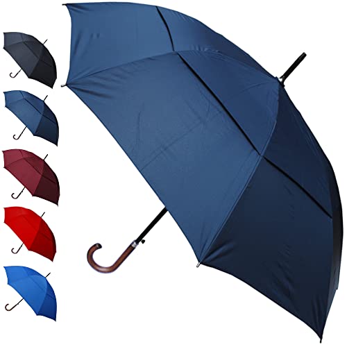 COLLAR AND CUFFS LONDON - Windproof EXTRA STRONG - StormDefender City Umbrella - Vented Double Canopy - Auto - Reinforced Frame with Fiberglass - Solid Wood Hook Handle - Navy Blue