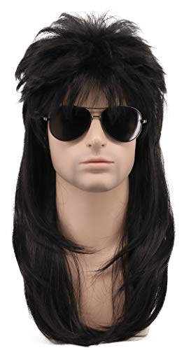 karlery Long Straight Black 80s Disco Mullet Wig Halloween Costume Wig Cosplay Punk Rock Wig (Black)