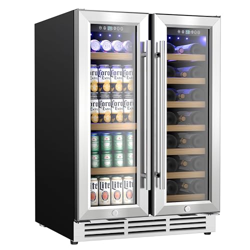 EUHOMY Wine and Beverage Refrigerator, 24 Inch Dual Zone Wine Cooler with Glass Door Hold 21 Bottles and 88 Cans, Built in or Freestanding Under Counter Wine Fridge with Blue LED Light.