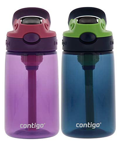 Contigo Kids Water Bottle, 14 oz with Autospout Technology – Spill Proof, Easy-Clean Lid Design – Ages 3 Plus, Top Rack Dishwasher Safe – Eggplant Punch & Blueberry Green Apple