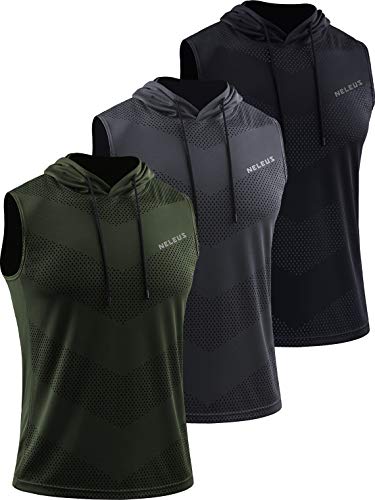 NELEUS Men's Workout Tank Tops Sleeveless Running Shirts with Hoodie,5098,3 Pack,Black/Grey/Olive Green,XL