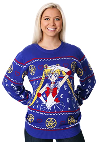 FUN.COM Adult Sailor Moon Ugly Christmas Sweater, Japanese Anime Holiday Xmas Crewneck, Festive Christmas Sweaters S Blue