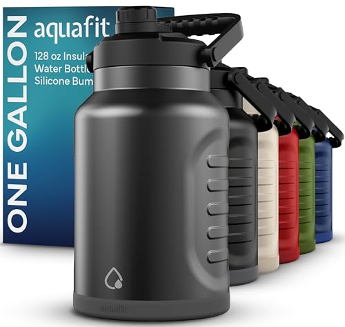 AQUAFIT One Gallon Water Bottle Insulated - Gallon Water Jug 128 oz - Large Water Bottle Insulated Growler - 1 Gallon Water Jug, Stainless Steel Big Water Bottle (London Fog)