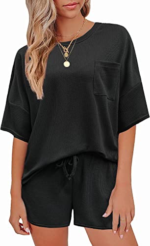 Andeip Womens Waffle Knit Pajama Sets Matching Lounge Set Loungewear Sweatsuit with Pockets,Black,M
