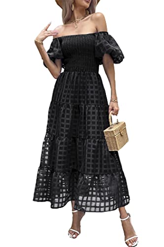 PRETTYGARDEN Women's Casual Summer Midi Dress Puffy Short Sleeve Square Neck Smocked Tiered Ruffle Dresses (Plaid Black,Large)