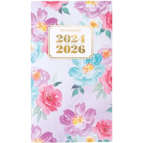 AT-A-GLANCE Planner 2024-2026, 2 Year Monthly Pocket Planner, 3-1/2' x 6', Flexible Cover, Badge Floral (1710F-021A)