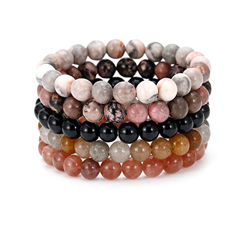 BOMAIL 5PCS Semi-Precious Gemstone Bracelet - Healing Crystal Stone Beaded Bracelets for Women Men 8mm Round Beaded Stretch Bracelets Unisex Stress Relief Yoga Bracelets Gifts