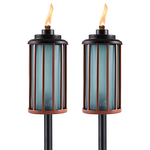 TIKI Brand 2-Pack Retro Stripe Glass Easy Install Tiki Torch, Outdoor Decorative Lighting for Lawn Patio Backyard, 65 Inch, Blue and Copper, 1122119