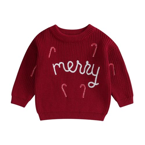Baby Girl Sweater Knitted Long Sleeve Toddler Sweatshirt Daisy Fall Winter Warm Onesie Oversized Infant Clothes (Red-Merry, 3-6 Months)