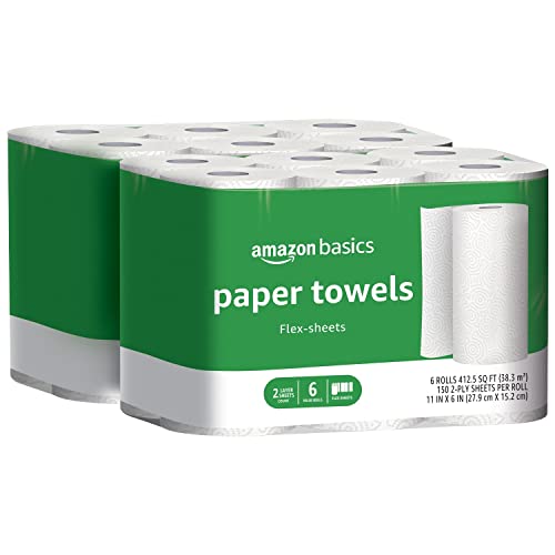 Amazon Basics 2-Ply Flex-Sheets Paper Towels, 12 Basics Rolls = 32 Regular Rolls, Everyday Value with 150 Sheets per Roll