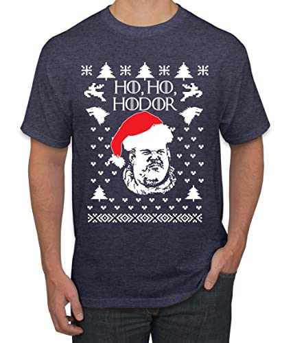 Wild Bobby Ho Ho Hodor GoT Ugly Christmas Sweater Men's T-Shirt, Vintage Heather Navy, Large