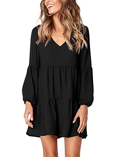 Amoretu Women's Deep V Neck Loose Shift Mini Tunic Dresses for Women 2024 Black S