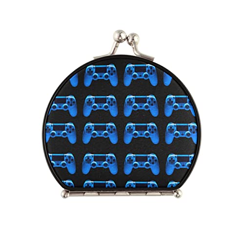 Video Game Joystick Gamepad in Blue Neon Lights Isolated on Black Compact Mirror Portable Folding Travel Makeup Mirror 1X/2X Magnification for Travel Women Men Girls Lady Pocket Purse Handbag