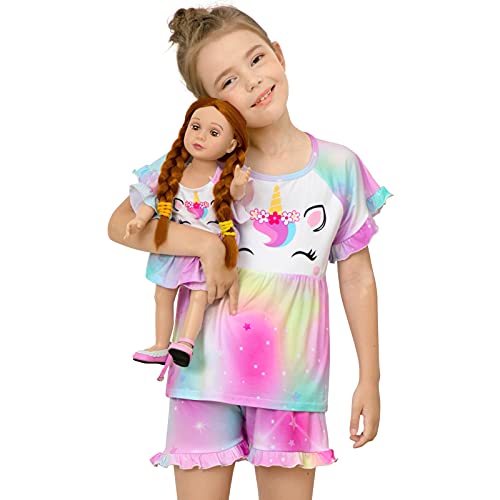 Girl & Doll Matching Pajamas Unicorn Outfit Clothes for Girls and 18' Dolls Pajama Sets (Doll Not Included), Colorful, 3-4T