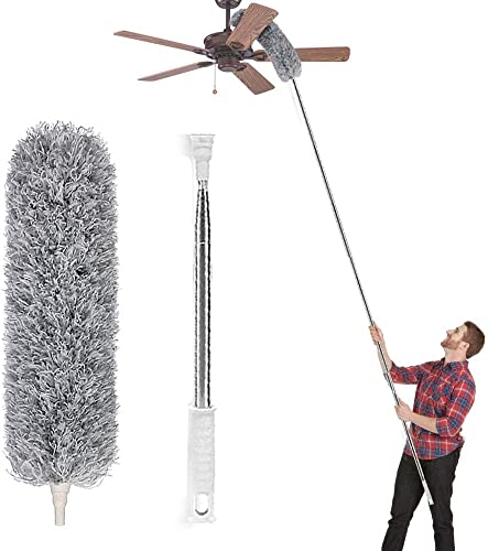 Lomida Microfiber Duster with Extension Pole(Stainless Steel), Extra Long 100 inches, with Bendable Head, Extendable Duster for Cleaning High Ceiling Fan, Interior Roof, Cobweb, Gap Dust Wet or Dry