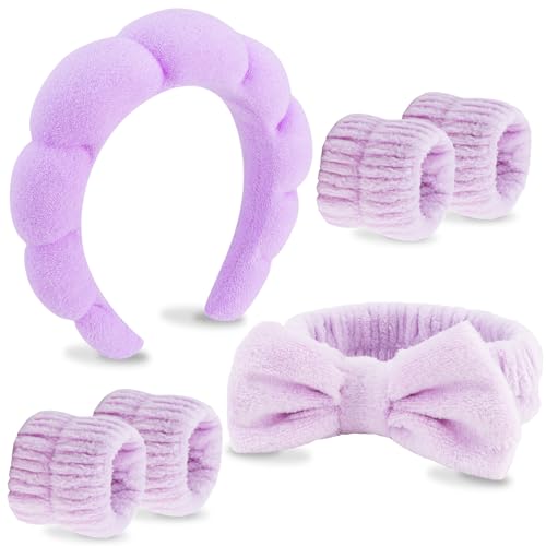 VELSCRUN 6 Pack Spa Headband, Makeup Headband, Face Wash Headband, Skincare Headbands, Purple Sponge Hair Band Bow Tie Spa Headband for Washing Face Wristband Set Hair Accessories for Women Gifts