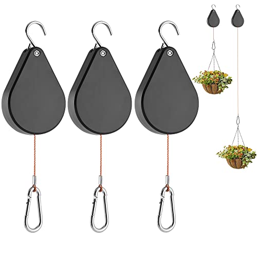 WROSWT Upgraded Retractable Plant Hanger,Plant Pulleys for Hanging Plants,Easy to Raise and Lower,Auto Lock,Heavy Duty,Adjustable Hook for Garden Baskets Pots,Birds Feeder,3 Pack,Black