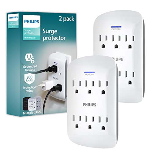 Philips 6-Outlet Extender Surge Protector, 2 Pack, Wall Tap, 900 Joules, 3-Prong, Space Saving Design, Protection Indicator LED Light, ETL Listed, White, SPP3466WA/37