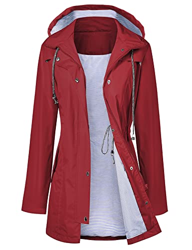 LOMON Raincoat Women Waterproof Long Hooded Trench Coats Lined Windbreaker Travel Jacket Wine Red XXL