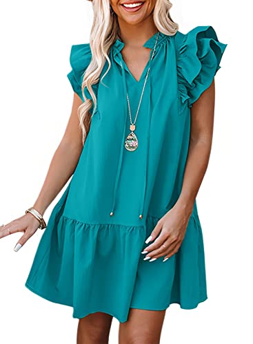 Dokotoo Summer Dresses for Women Sun Dresses 2024 Elegant V Neck Drawstring Ruffle Solid Pockets Cap Short Sleeve Casual Dresses for Women Green X-Large