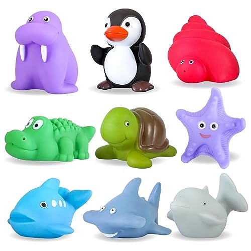 XY-WQ Mold Free Bath Toys No Hole, for Infants 6-12& Toddlers 1-3, No Hole No Mold Bathtub Toys (Sea Animals Ⅱ, 9 Pcs with Mesh Bag)