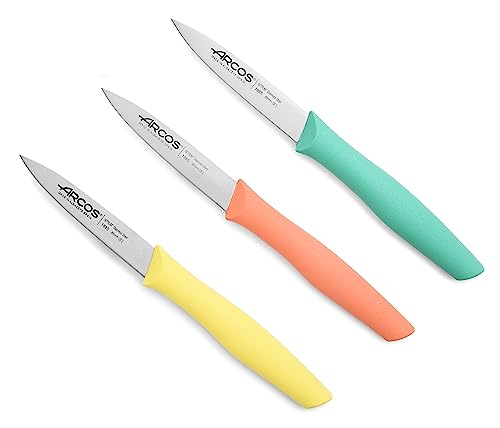 Arcos Paring Knife Set of 3 Pieces 4 Inch Stainless Steel. Colorful Kitchen Knives for Peeling Fruits and Vegetables. Ergonomic Polypropylene Handle. Series Nova. Color Orange, Yellow and Blue.
