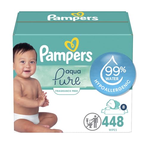 Pampers Aqua Pure Sensitive Baby Wipes, 99% Water, Hypoallergenic, Unscented, 8 Flip-Top Packs (448 Wipes Total)