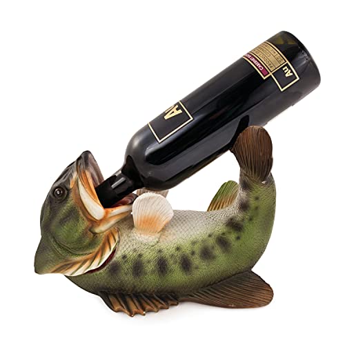 True Boozy Bass Polyresin Wine Bottle Holder - Table Top and Counter Wine Rack, Animal Home Decor - Set of 1, Green, Holds 1 Standard Wine Bottle