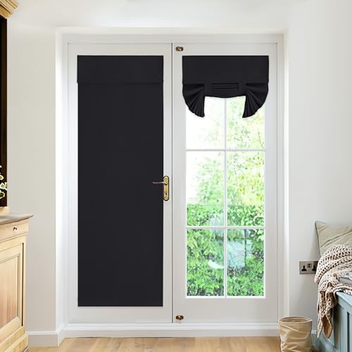 RYB HOME 2 Panels Blackout Curtains Doors - Thermal Insulated Light Block Privacy French Door Sidelight Double Door Curtain Tricia Window Shades, 26 x 69 inch, 1 Pair, Black