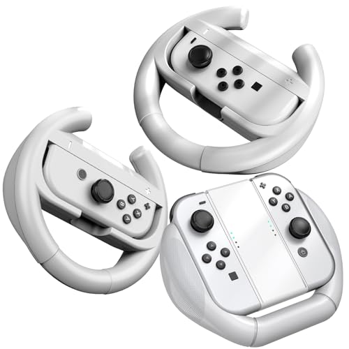HSTOP Switch Steering Wheels Compatible with Switch/Switch OLED Joy-Con Controllers, Racing Wheels for Mario Kart 8 Deluxe, Switch Accessories Racing Wheel Kit Grips, 3 Pack [White]